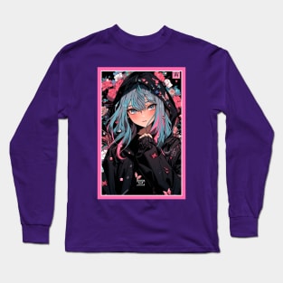 Aesthetic Anime Girl Pink Black | Quality Aesthetic Anime Design | Premium Chibi Manga Anime Art Long Sleeve T-Shirt